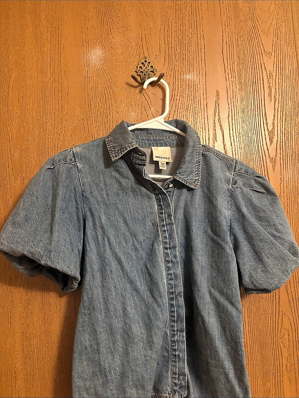 Industry Denim Puff-Sleeve Button-Front Top Medium